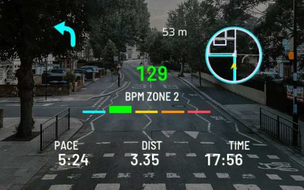 Everyday run HUD with heart rate zone, turn arrow and mini map