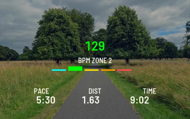 Everyday run HUD with heart rate zone over a park path