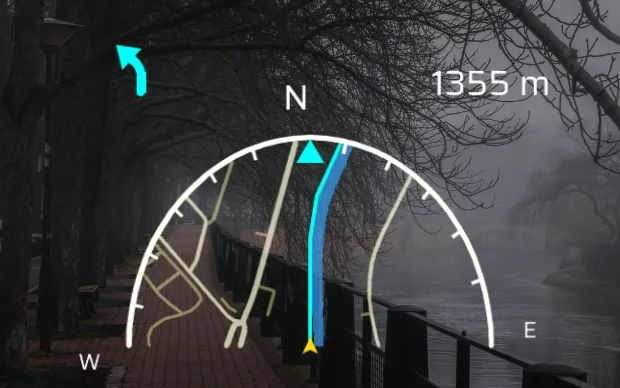 GPX navigation compass map over a riverside path