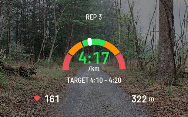 Active rep with pace gauge on a forest trail
